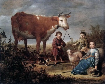 牛 雄牛 Painting - 子供たちと牛犬羊